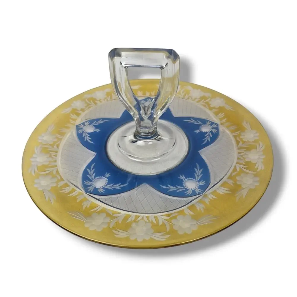 Vintage Westmoreland Crystal Blue Yellow Floral Cut Glass Sandwich Tray Dessert